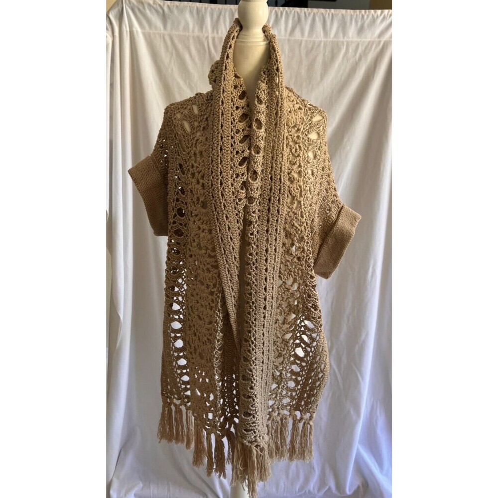 Nannette Lapore Cream Crocheted Shawl with fringe and belt  medium